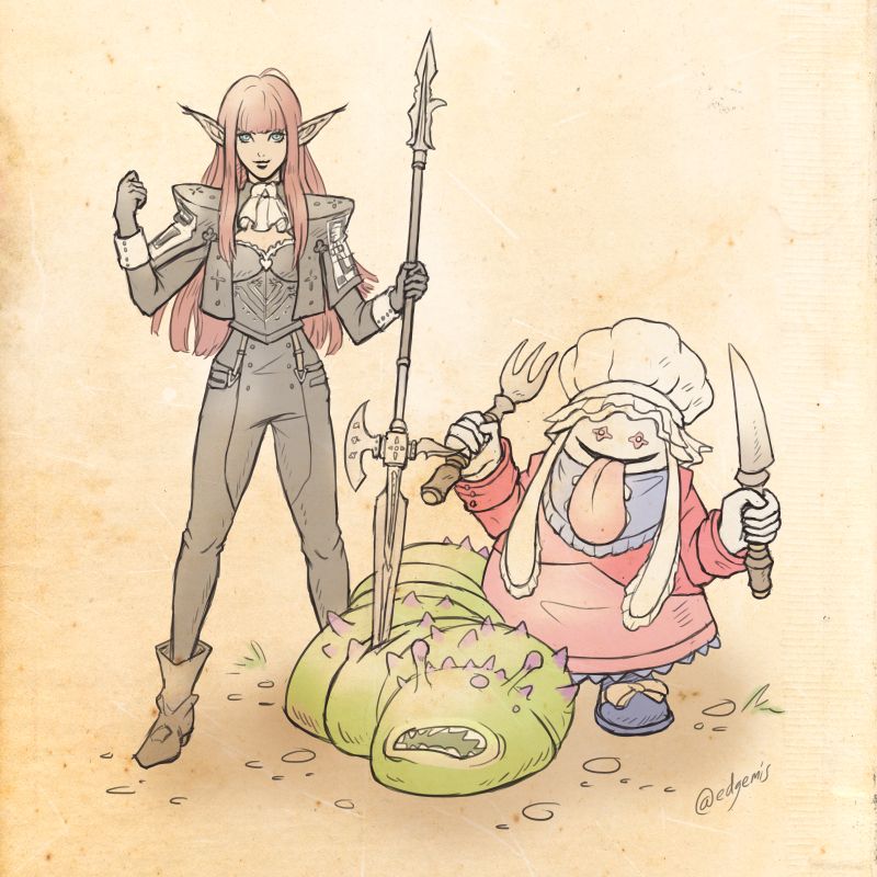 Hulkenberg from Metaphor: Refantazio and Quina from Final Fantasy 9 celebrating their freshly hunted delicious sand worm