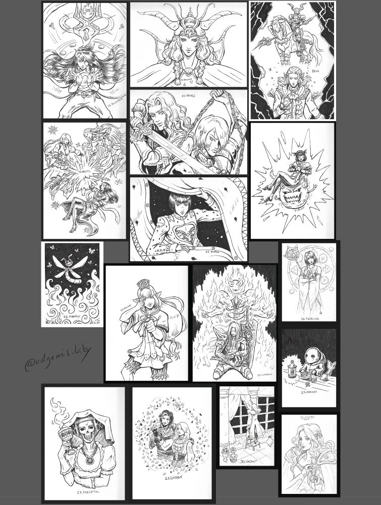 Collage of 16 inktober drawings, all of which are games or anime fanart.