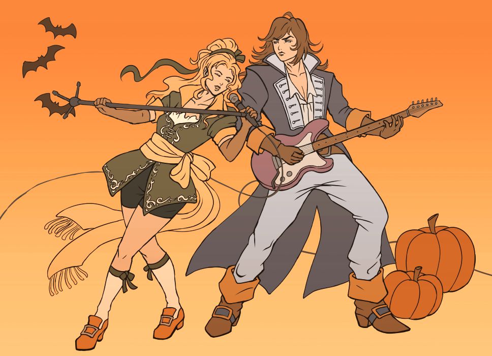 A digital drawing of Maria Renard and Richter Belmont from Castlevania: Symphony of the Night playing in a band. Maria is singing while holding a microphone stand, and Richter plays guitar. The image is inspired by official Rondo of Blood artwork which depicts younger versions of the two in a similar scenario. Pumpkins and bats decorate the picture.