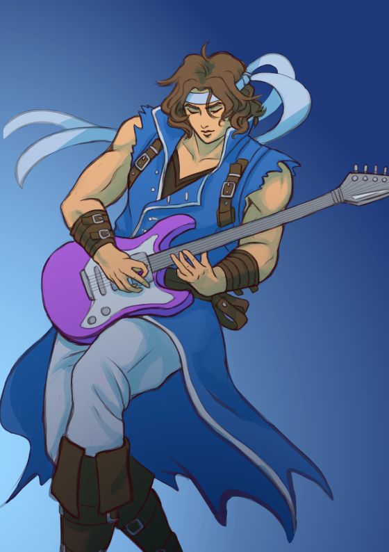 A digital drawing of Richter Belmont from Castlevania: Rondo of Blood playing electric guitar.