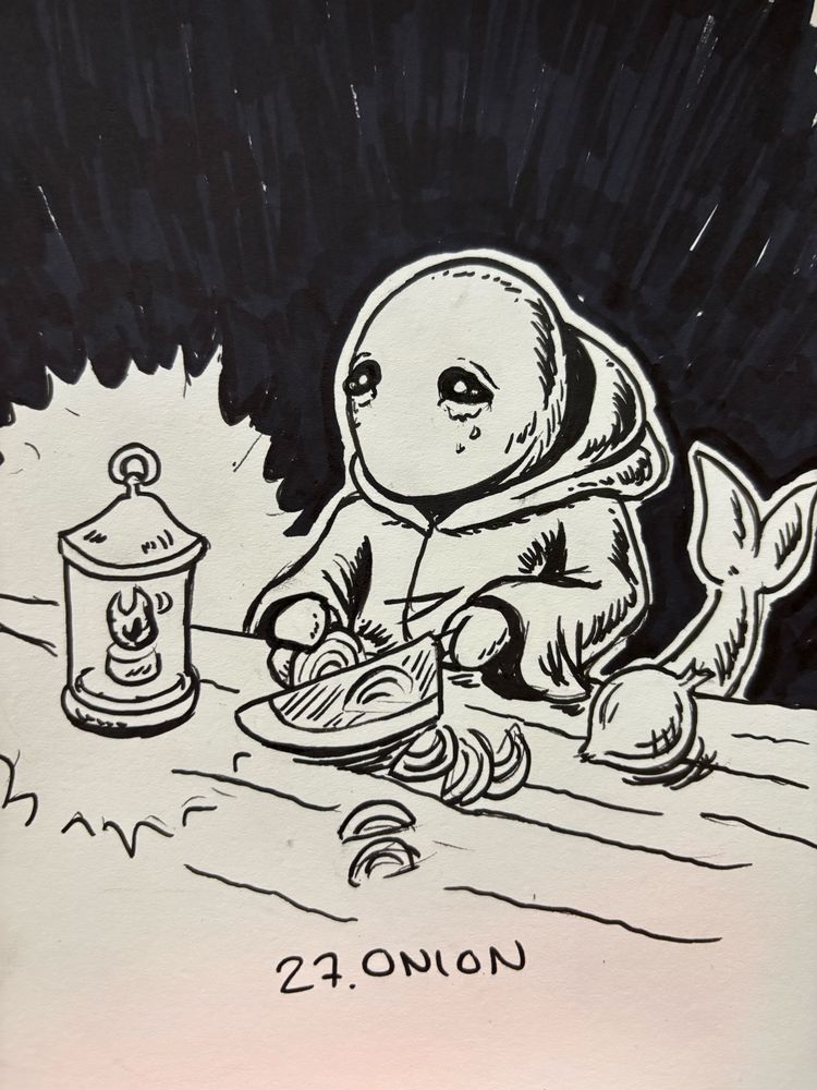 Ink drawing of a Tonberry from Final Fantasy series cutting onions