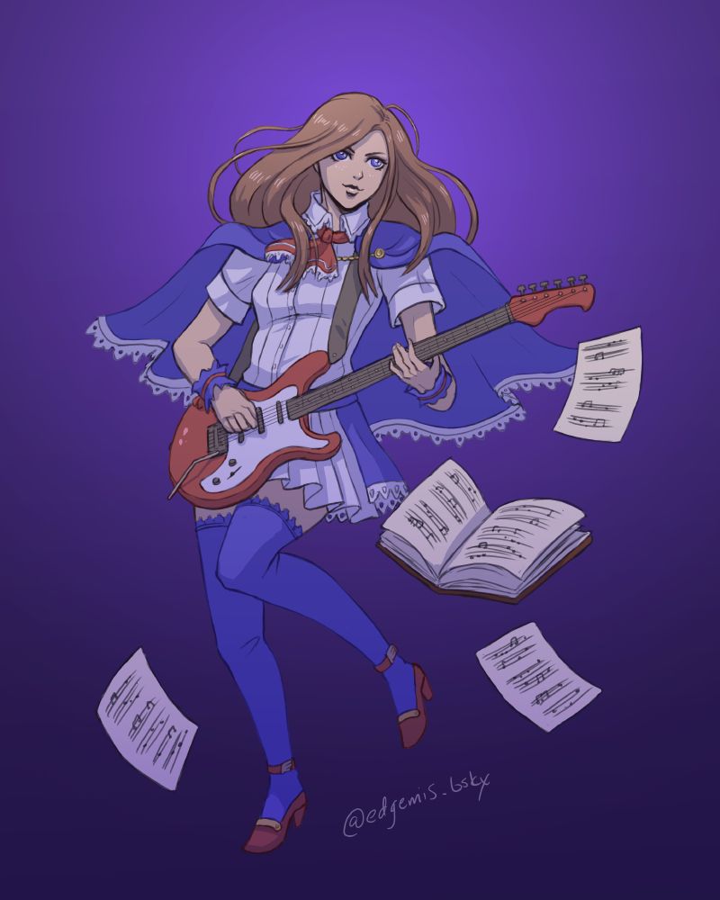 Digital drawing of Charlotte Aulin from Castlevania: Potrait of Ruin playing electric guitar