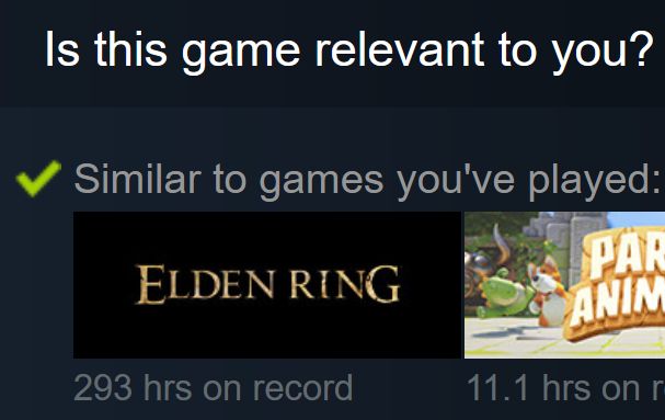 Fragment of the same Sonic Racing: CrossWorlds store page saying "Similiar to the games you've played: Elden Ring"