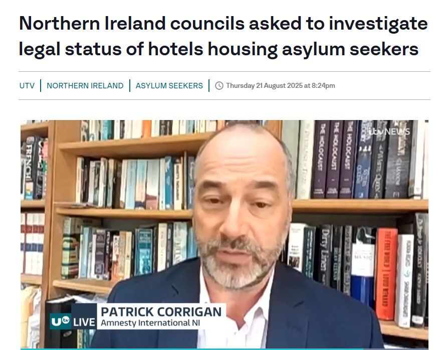 Screenshot of UTV news report, featuring Patrick Corrigan, Amnesty International -- 'Northern Ireland councils asked to investigate legal status of hotels housing asylum seekers'