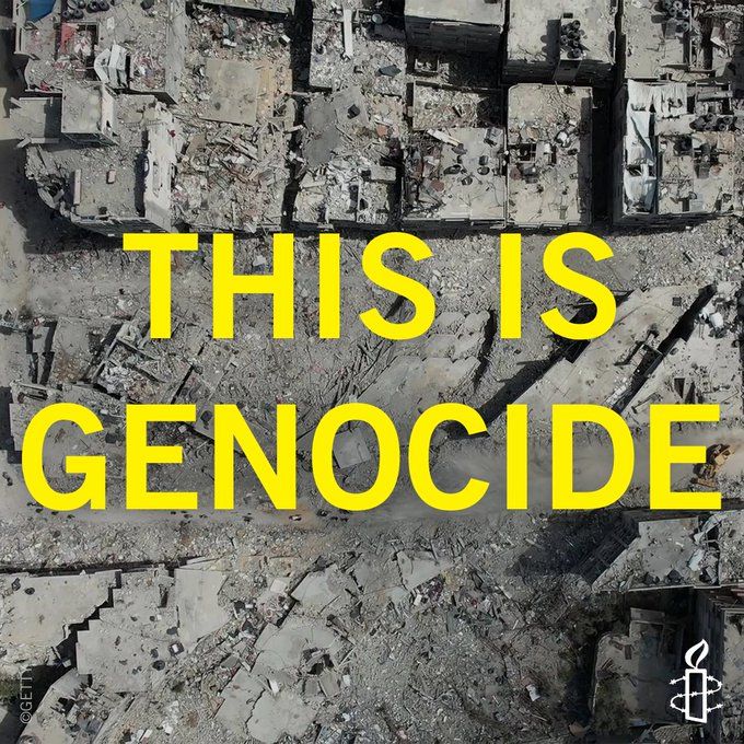 Text: 'This is genocide', with image of devastation in Gaza
