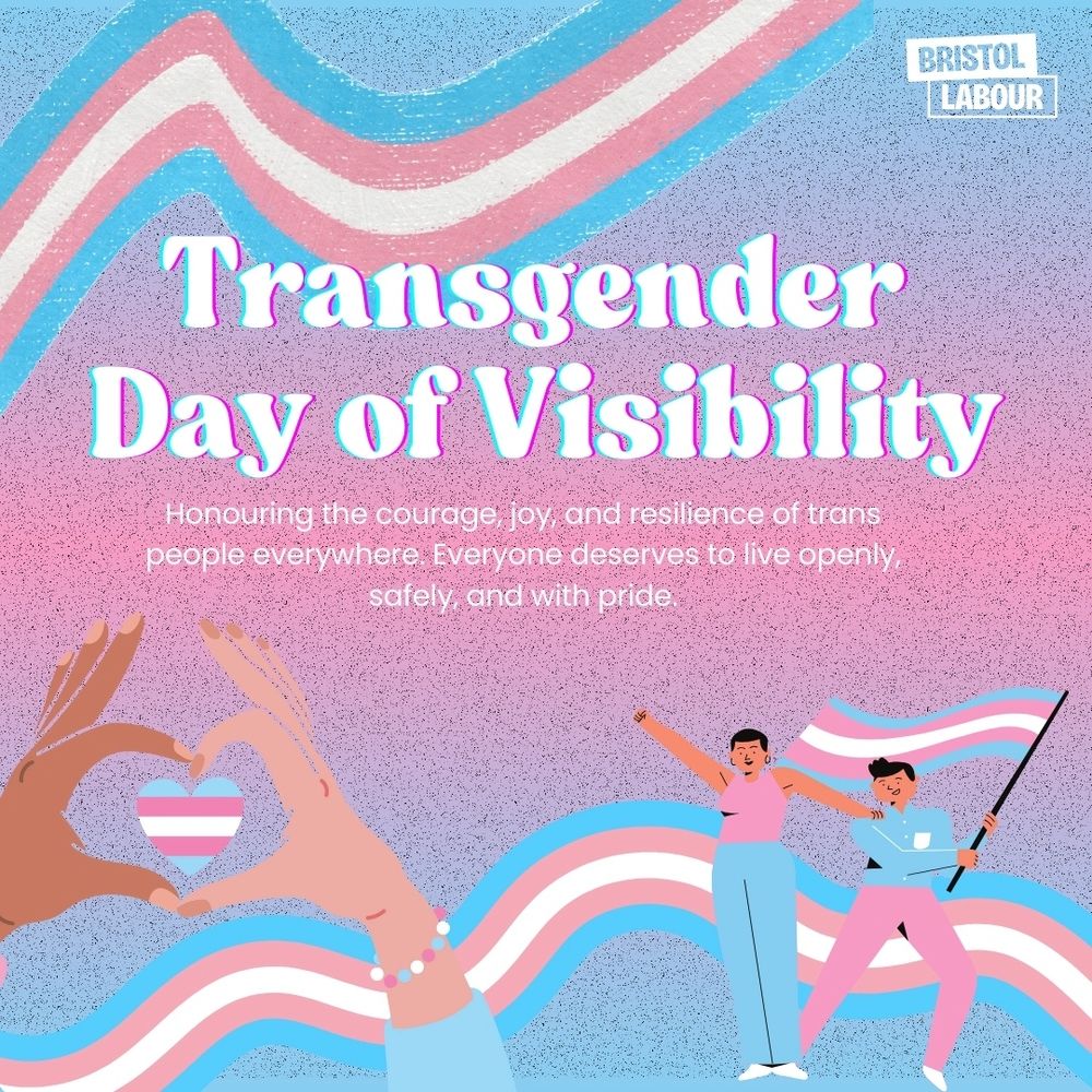 Image shows people holding the trans flag with text that reads: Honouring the courage, joy, and resilience of trans people everywhere. Everyone deserves to live freely, openly, and with pride.