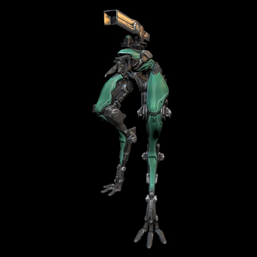 A green and black bipedal, avian looking robot with a gun mounted on top. It has 3 toes.