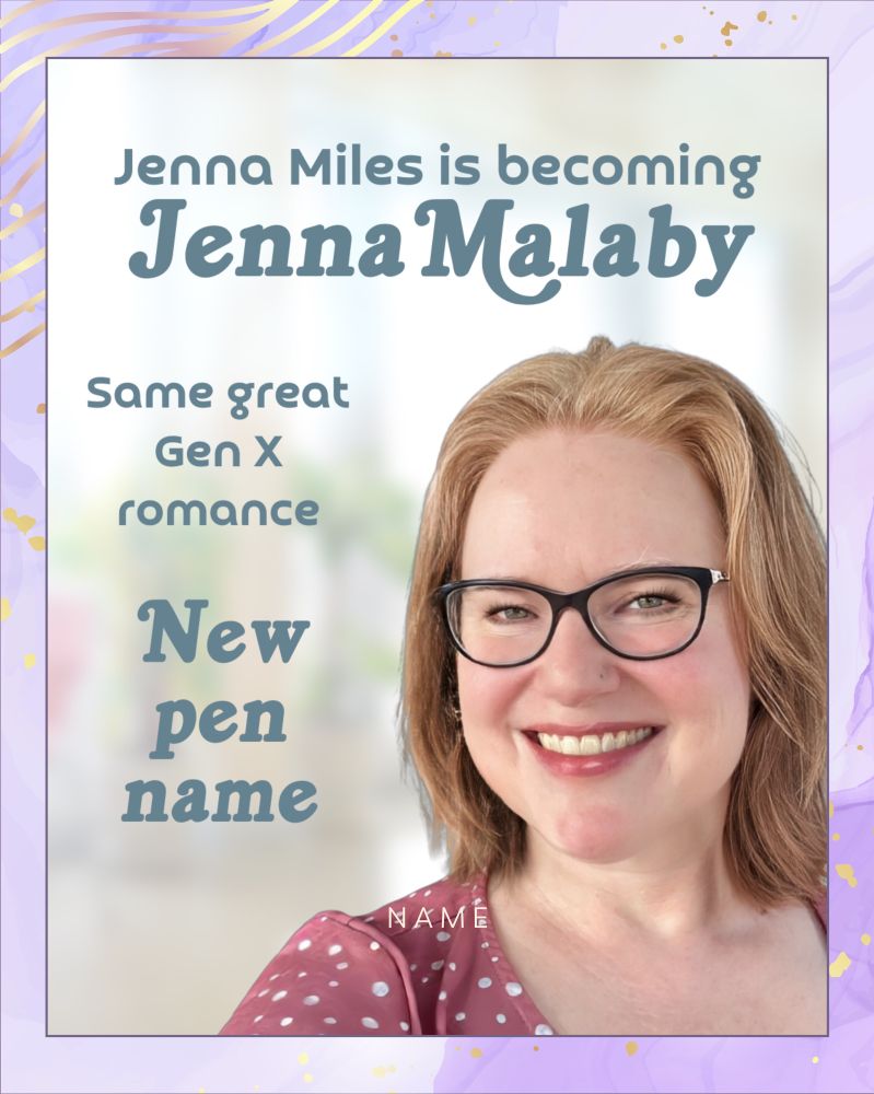 Author headshot of romance author Jenna Miles, soon to be Jenna Malaby. Jenna has shoulder length red hair and black cat eye glasses and a small blue crystal stud in her left nostril. Jenna wears a pinkish blouse with white polka dots. She smiles at the camera.

Text reads:

Jenna Miles is becoming Jenna Malaby! Same great Gen X romance. New pen name.