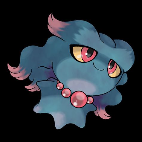 Misdreavus, a pokemon with a ghostly, flowing body with red tips, big red eyes and red peals around their neck