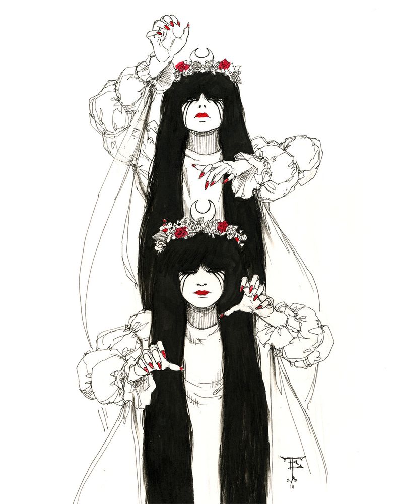 Pen-and-ink sketch of the Anadin Brothers, the female backup dancers for Doctor and the Medics. The have white faces, black eye makeup, very long black hair, flower crowns, and white gowns. Their nails, lips, and some of the flowers are bright red.
