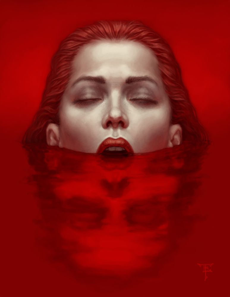 Digital painting: close up on a woman's face half submerged in red liquid (blood?) up to her mouth. Her eyes are closed, her mouth is open, her skin is pale, and her lips, hair, and the background are all the same red. She is beautiful, but her red reflection is skeletal.