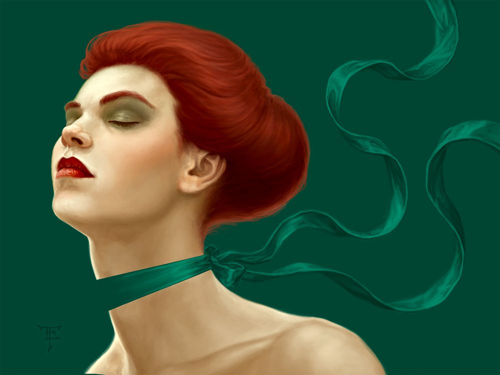 A digital painting of a pale woman with auburn hair and red lips against a dark green background. We see her from the shoulders up, head back, eyes closed. She has a green ribbon, the same color as the background, tied around her neck, the trailing ends of the bow blowing out behind her. The front edge of the ribbon disappears against the green background, appearing to separate her head from her body.