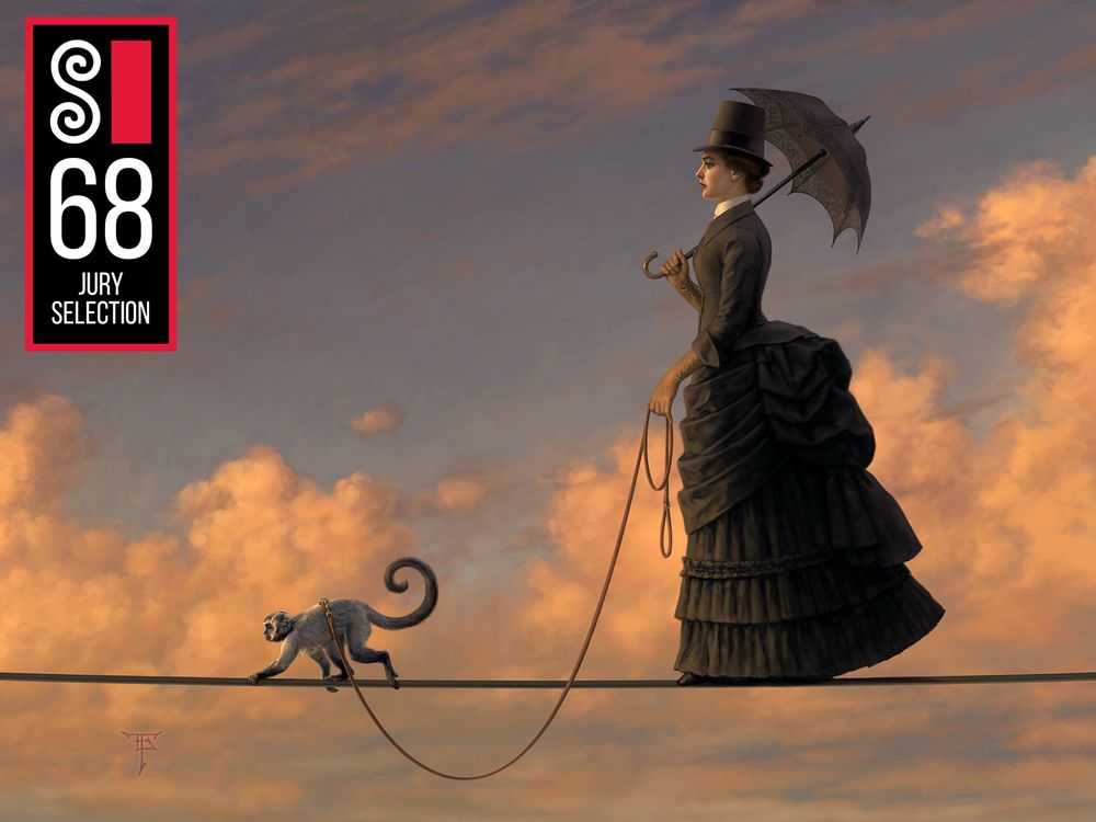 A digital painting of a woman in 19th century dress walking on a tightrope in front of a golden-hour evening sky. She is holding a parasol and walking a small monkey on a leash, a visual reference to Sunday Afternoon on the Island of La Grande Jatte by 
Georges Seurat.