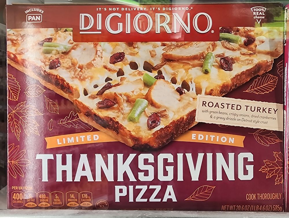 Frozen Digiorno Thanksgiving pizza in its box.