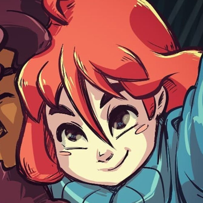 Artwork from the game Celeste.
A smiling, long orange-haired Madeline with a smile and a blue coat. A big bearded Theo is just in frame next to her.