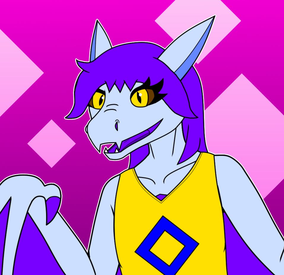 Artwork of Skye by @Arakados.
A smiling silver wyvern with long purple hair, styled with a symmetrical part. Eyelashed yellow eyes and fanged lips. It's wearing a yellow t-shirt with a blue diamond design on it. Its arms are actually clawed wings.