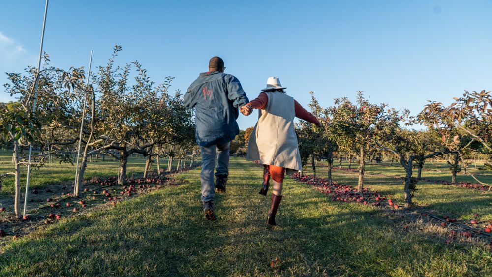 Husband & wife combo frolicking in an apple orchard 