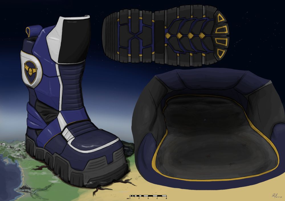 Metallic heavy sci-fi macro boots sat atop a cracked planet surface; designed for a lombax. Several shadows of pummelled micros adorn the insole's well worn surface.