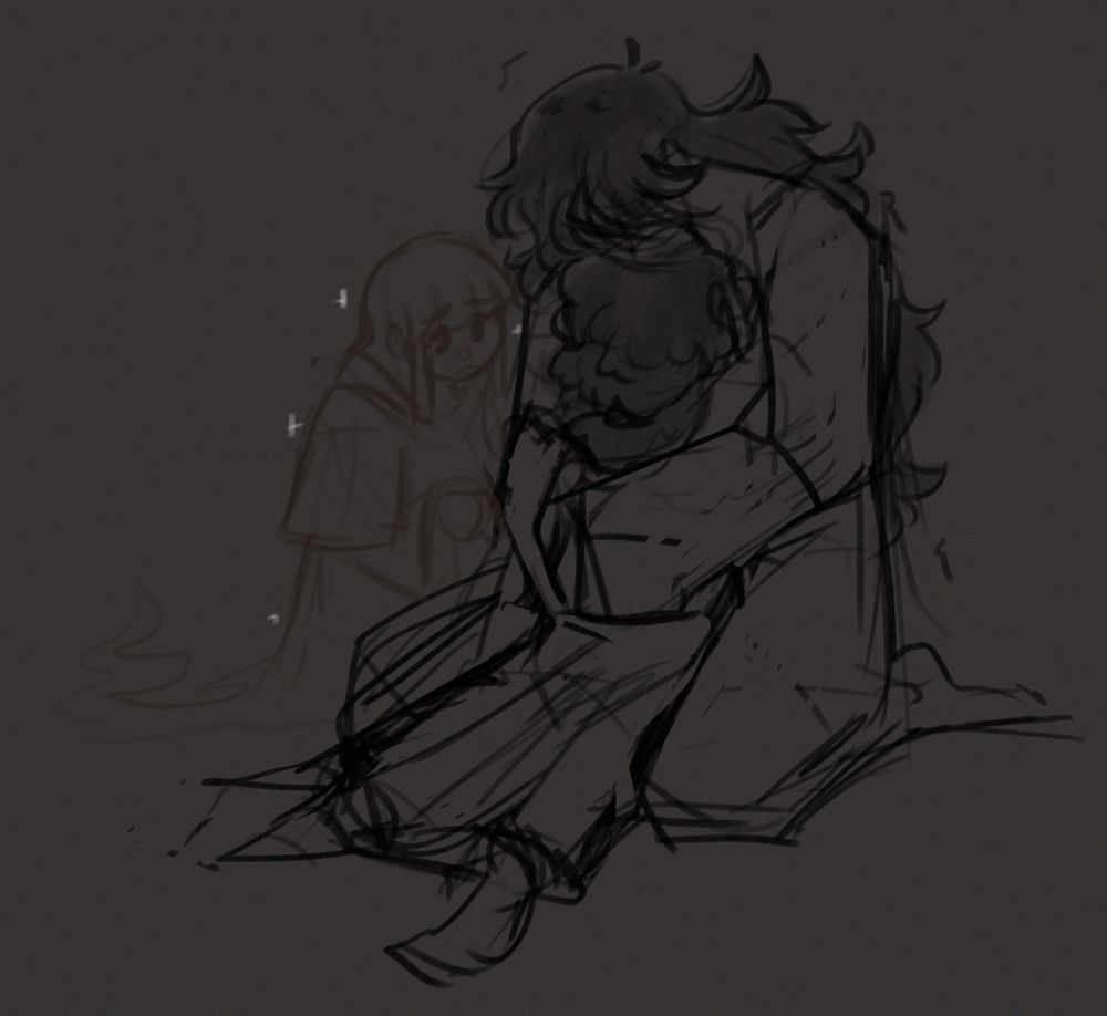 A sketch doodle of the artist's Azem, Mors, and his siblings Apollo and Keres. Apollo and Mors are hugging while I ghostly Keres looks at the two brothers.