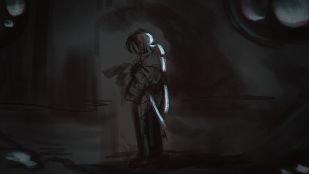 A sketch of the artist's Drifter (Warframe) standing in a monochrome place implied to be somewhere in the void, likely a corner of the Zariman.
