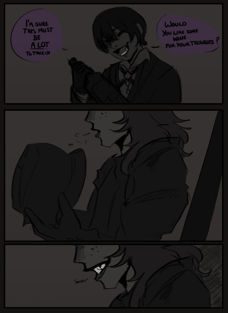 A comic strip with three panels.
The first panel shows Fandaniel holding a wine bottle, saying "I'm sure this must be a lot to take in. Would you like some wine for your troubles?"
The second and third panel show a young viera exhaling before smirting and snorting.