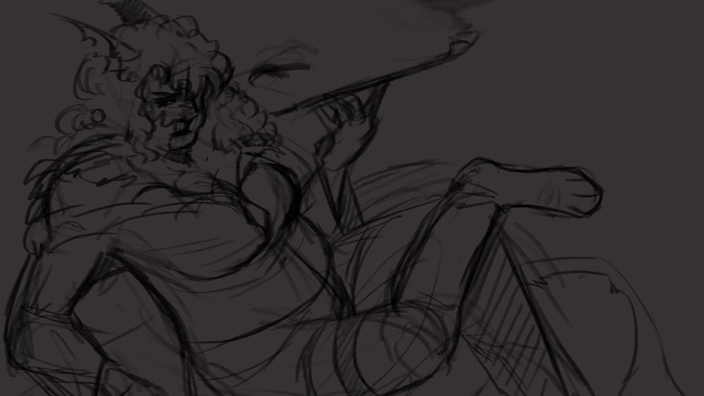 A sketch of the artist's female viera character sitting on something and smoking