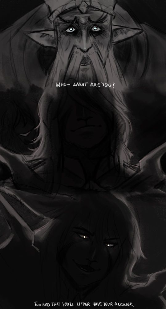 A three panel short comic related to the scene after the Singularity Reactor in Heavensward where Thordan asks "Who- What are you?" in fear of what he sees, followed by Vikal, darkened, smiling at him with something - someone - in the darkness behind him. He then leans forward, answering his question with "Too bad you'll never know the answer."