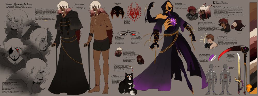 A reference sheet of Mors, the artist's Azrm. It features four sketchy headshots, two fullbodies - one clothed, one unclothed but SFW, eye details, mask, glyph, a cat named Ruby, his transformation, a map of his scars and weapons (a scythe and sword).
Additionally, it offers chibi headshots of his various shards.
