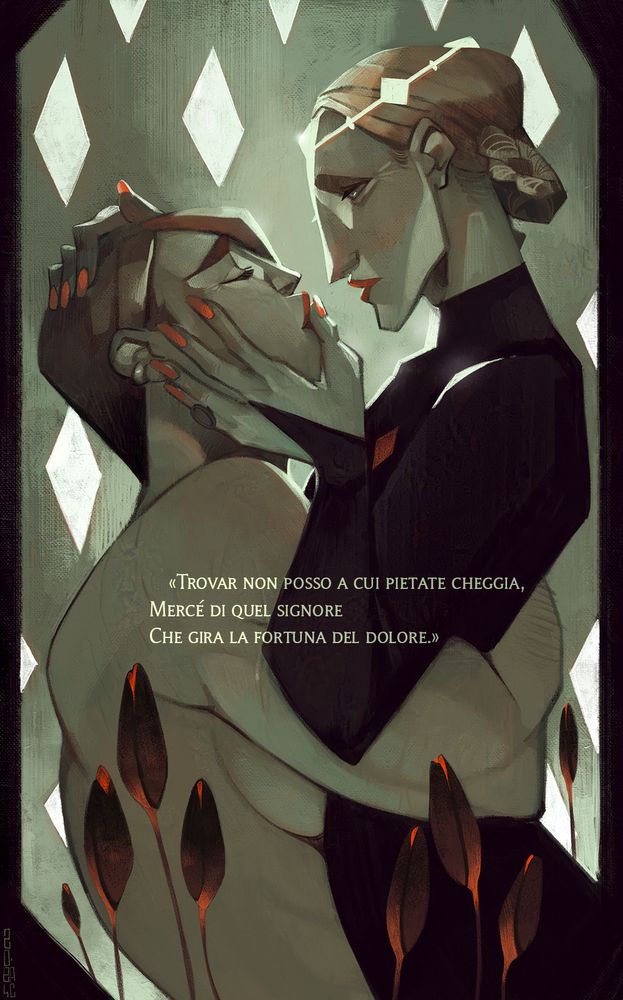 Hero of Ferelden (Elanor Cousland) and queen Anora embrace in a kiss against a pale green background surrounded by rombuses and blood lotus flowers, highlighting a sweet and romantic moment between them