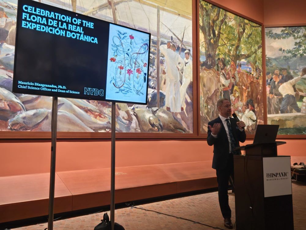 A person in a dark suit speaks at a lectern in a room full of painted murals