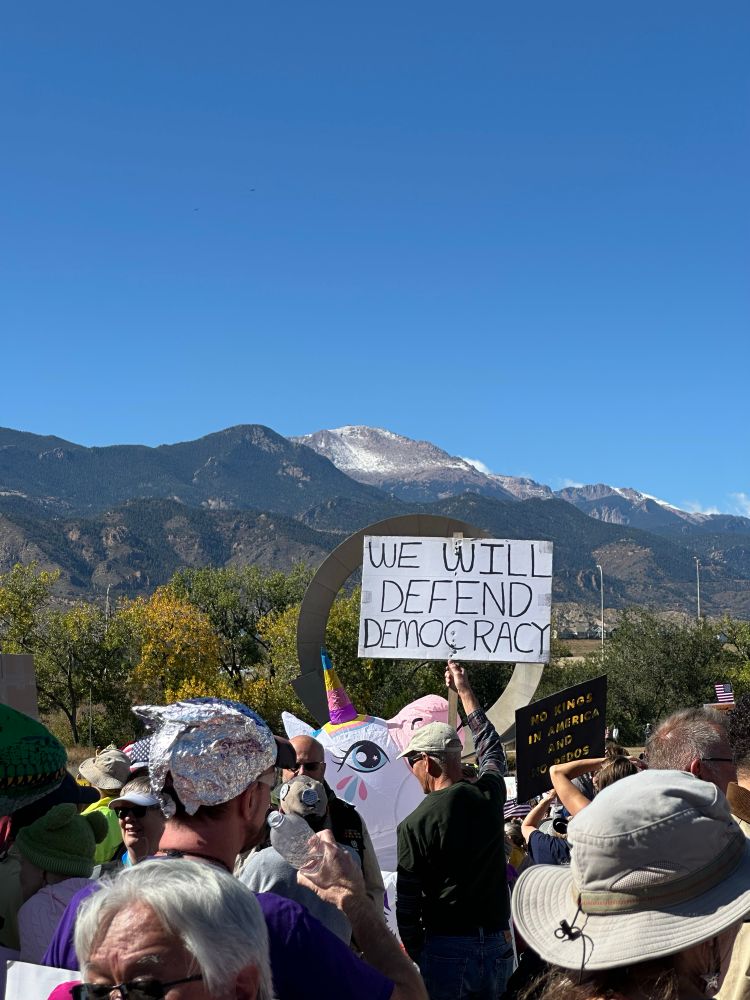a unicorn with a WE WILL DEFEND DEMOCRACY sign