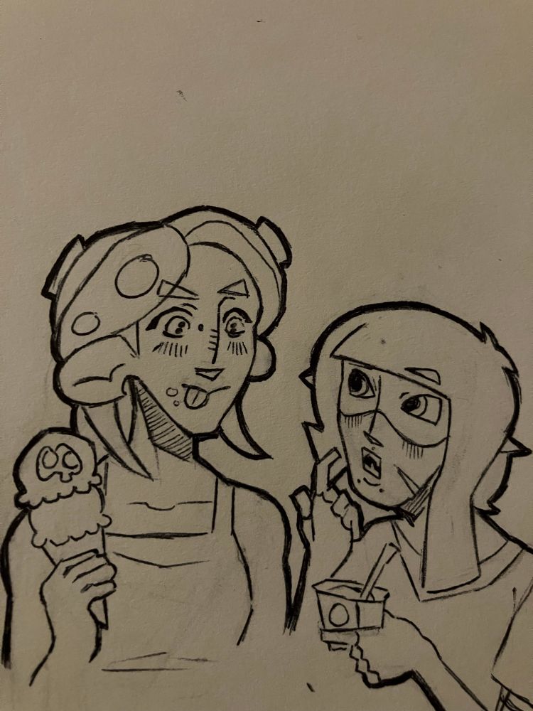 Agent 8 and Agent 3 enjoying icecream. 3 is pointing out a crumb on 8’s face
