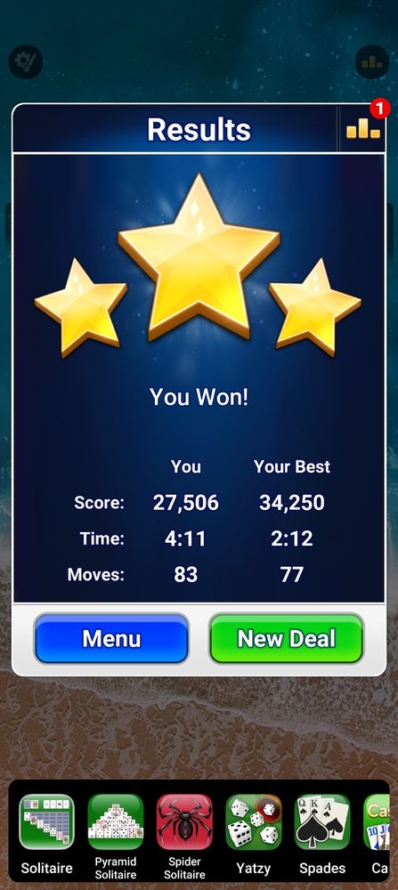 Yukon Solitaire game screen results compared to my best ever win. Screen shows scores, times spent and numbers of moves per game. 