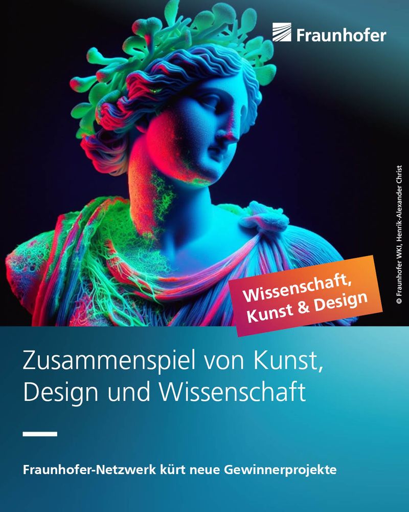 Bunt leuchtende griechische Frauenstatue. Untertitel: Zusammenspiel von Kunst, Design und Wissenschaft