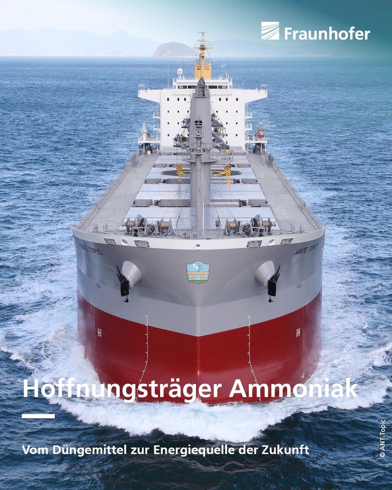 Foto: Frachter auf dem Meer, Text: Hoffnungsträger Ammoniak. Vom Düngemittel zur Energiequelle der Zukunft