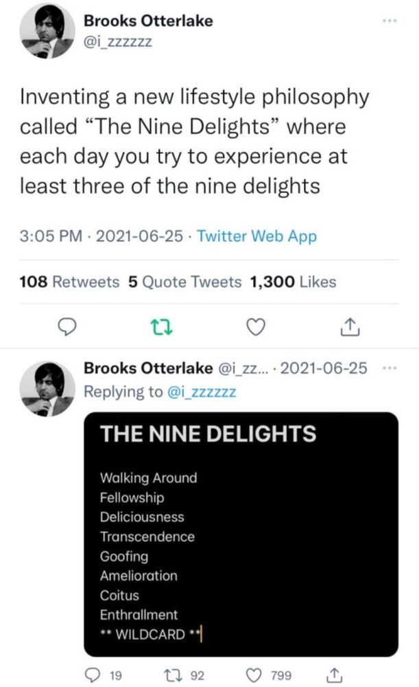 Tweet that reads: Inventing a new lifestyle philosophy called "The Nine Delights" where each day you try to experience at least three of the nine delights.

THE NINE DELIGHTS
Walking Around
Fellowship
Deliciousness
Transcendence
Goofing
Amelioration
Coitus
Enthrallment
** WILDCARD **