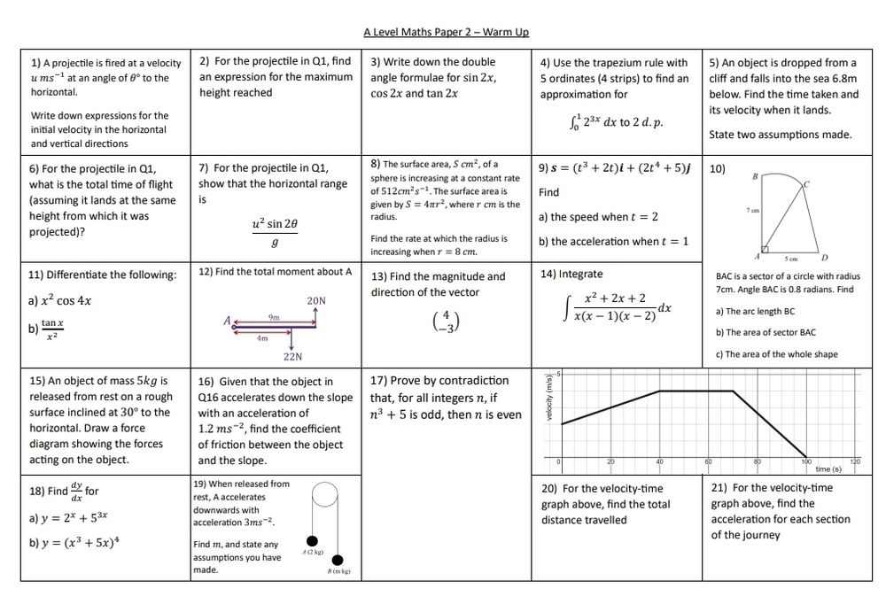 A warm up grid of questions for paper 2 of AQA A Level Maths