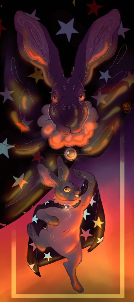 a small rabbit in a cloak hops happily on an orange to purple gradient background. Looming above her is her face but now a gaunt hare. Her cloak spreads around her into blackness.