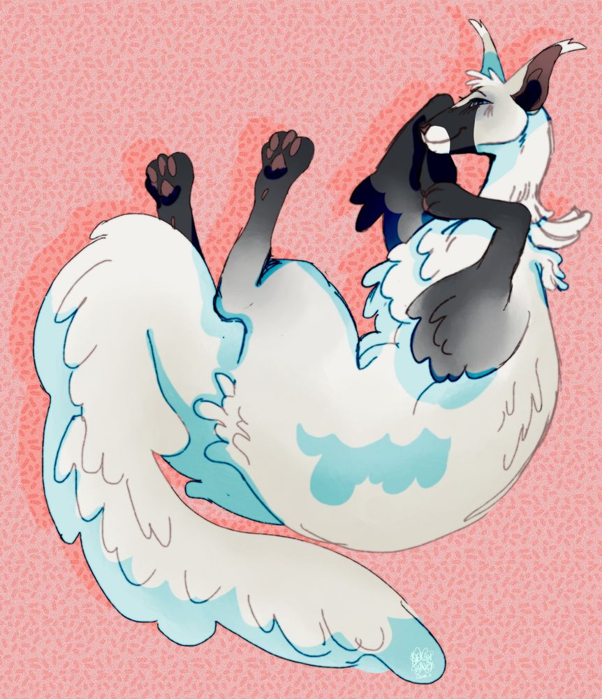 a white cat with black point markings curls on a background of pink spots. he is smiling coyly.