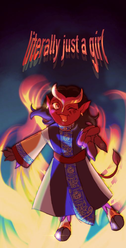 a chibi-like drawing of a reddish tiefling girl in intricate robes and gold jewelry. she is winking and smiling toothily at the viewer as blue to orange toned flames decorate the dark blue background behind her.