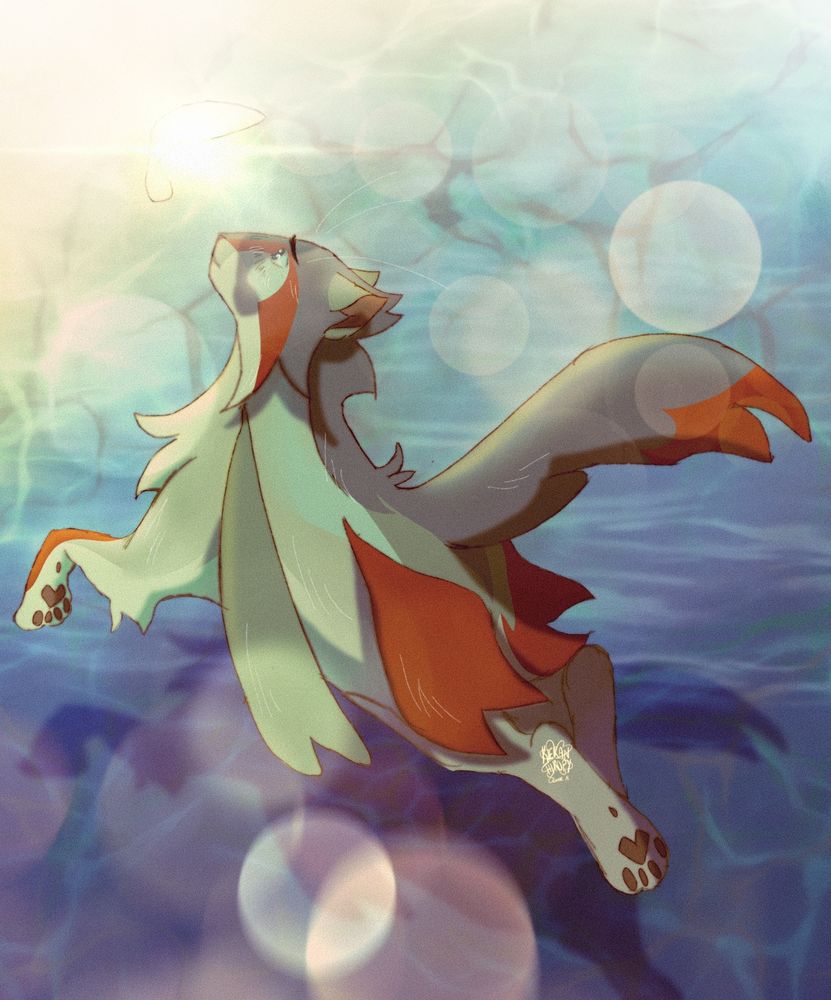 A long furred cat with blue-grey and red patterned fur. They are below water looking up, solemnly, at a spot of light in the shape of a fish.