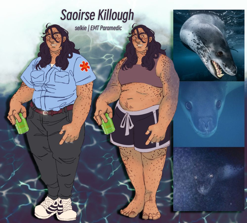 A character ref sheet of a tanned woman with long dark hair and freckles patterned like the spots of a leopard seal. In one pose she is wearing a paramedic uniform holding a red bull. in the second pose she is in a sports bra and sleep shorts also holding a red bull. Three pictures of leopard seals are to the right of her and the background looks like a tidal wave.