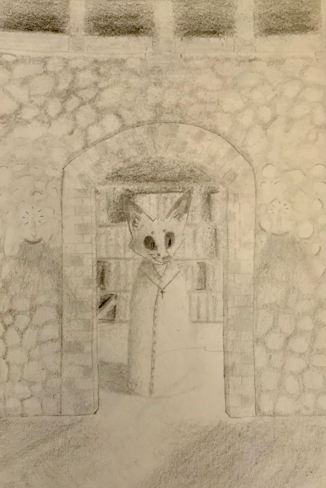 A fox-person wearing a cloak and a cross necklace standing in an interior doorway in what appears to be a stone monastery￼. Books line the shelves behind them, some of them toppled over supporting other books. Candles flank the doorway, and more light seems to be pouring out from the library. 