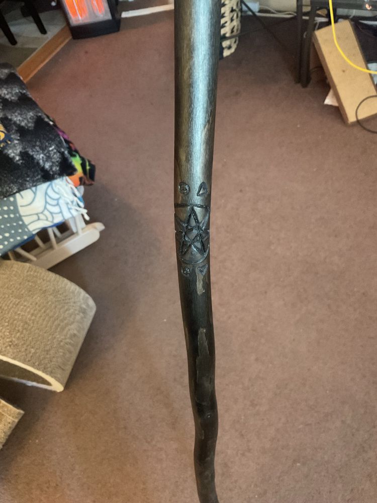 Walking stick stained black with therian, otherkin, and holothere symbology carved into it. 
