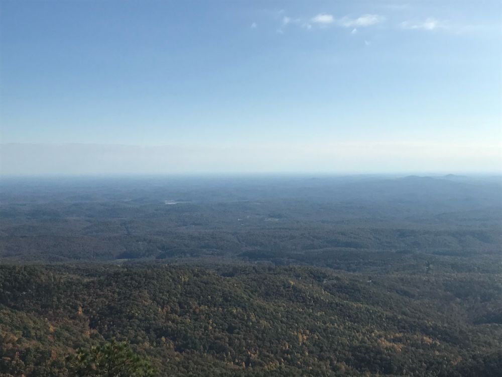 View of the Appalachian mountain piedmont in South Carolina, taken atop a gneiss. Higher peaks can be seen in the distance, likely Paris mountain. 