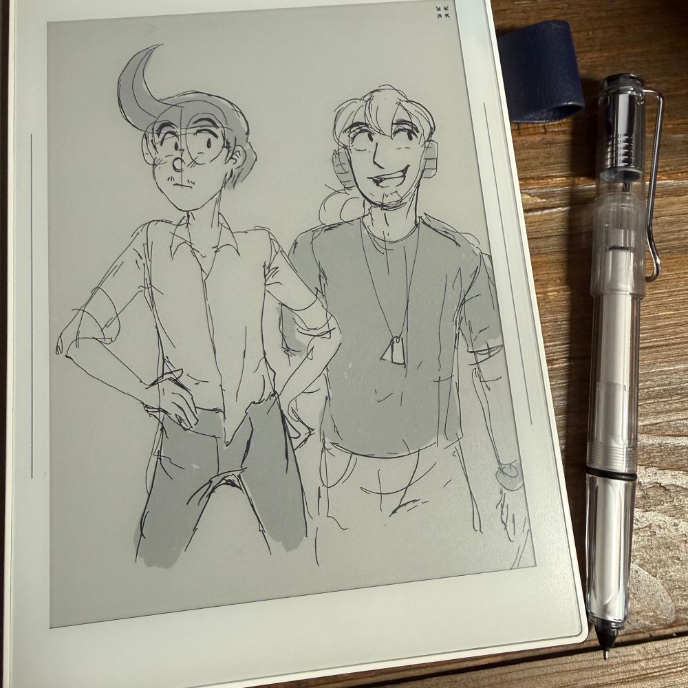 A rough sketch of Carl and Dude from Cans of Beans, drawn on e-ink Supernote