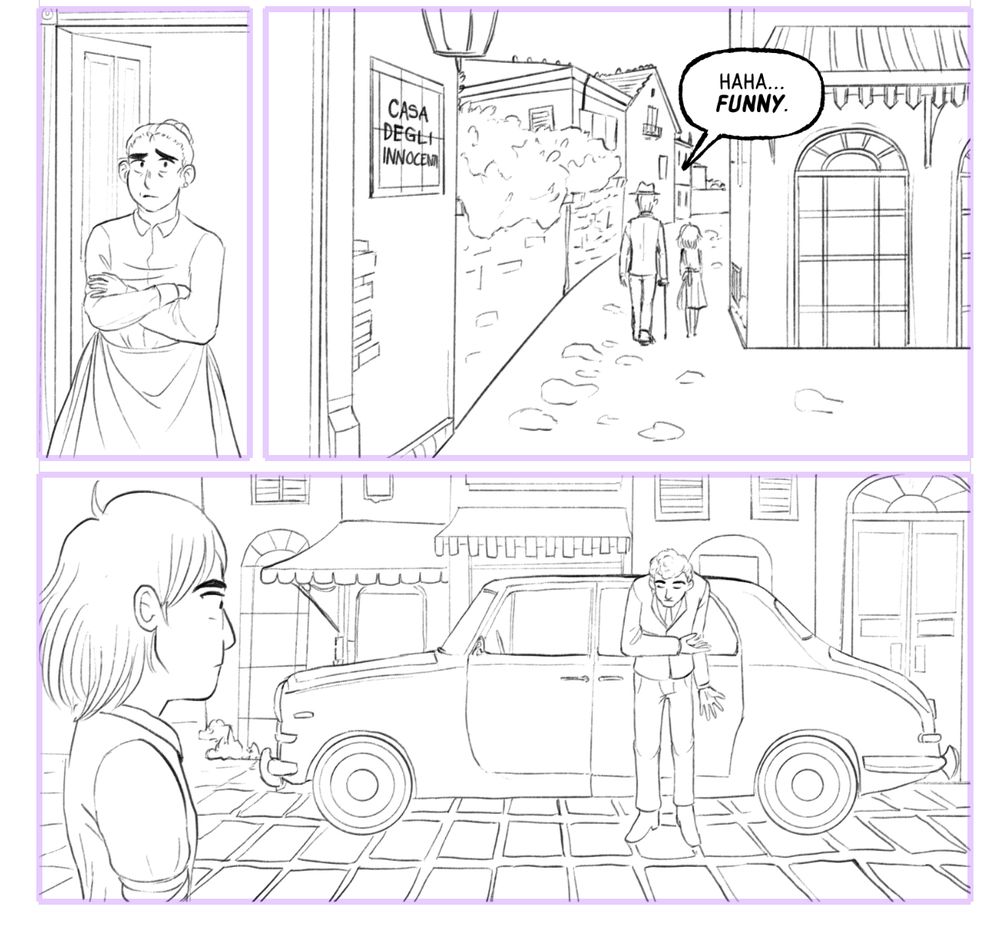 Three panels from a comic page, all black and white, the first panel has a woman crossing her arms looking frustrated, the second panel shows an Italian village where a man with a fedora and a cane walks next to a young girl in a dress. He says "haha, funny." The third panel is an over-the-shoulder shot of the girl looking at a car and a chauffeur in front of a series of shops
