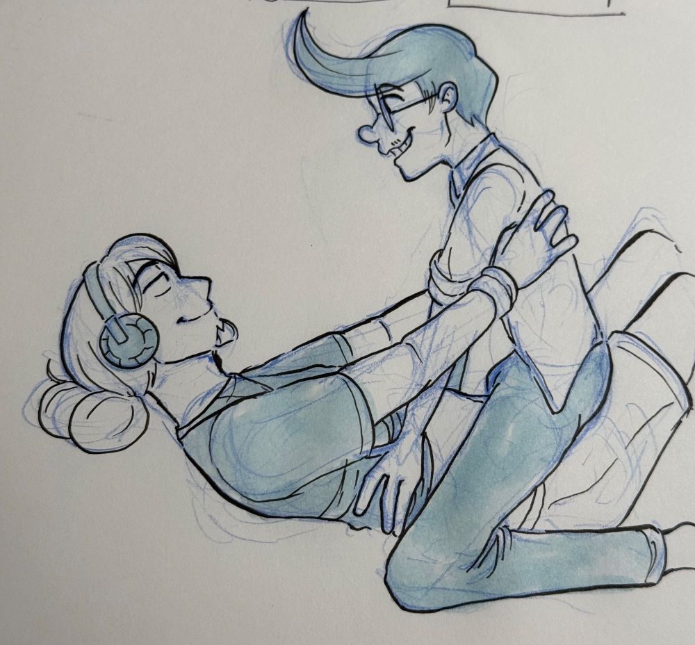 Doodle of Carl and Dude from Cans of Beans. Carl sits on top of Dude while Dude holds him.