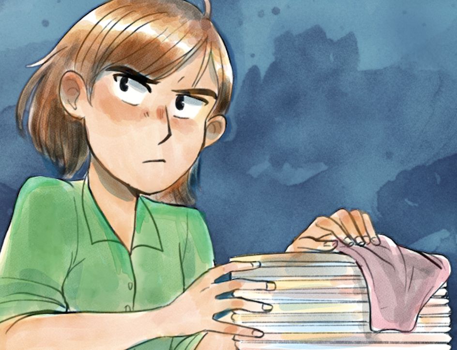 a screenshot from a faux-watercolor comic of a young girl with short-medium hair wiping down a stack of dishes