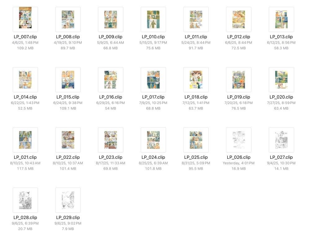 screenshot of my comic pages folder for my upcoming comic, most pages appear complete minus the last 4 files